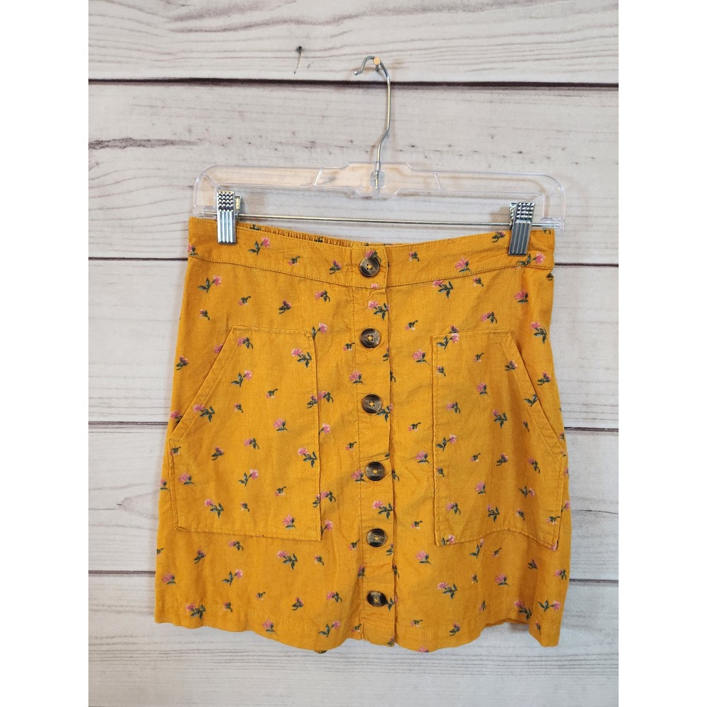 American Eagle Womens Yellow Floral Corduroy Button Front Mini Skirt Size Small‎